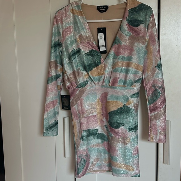 Bebe Printed Blouson Lurex Mini Dress - Picture 2 of 8